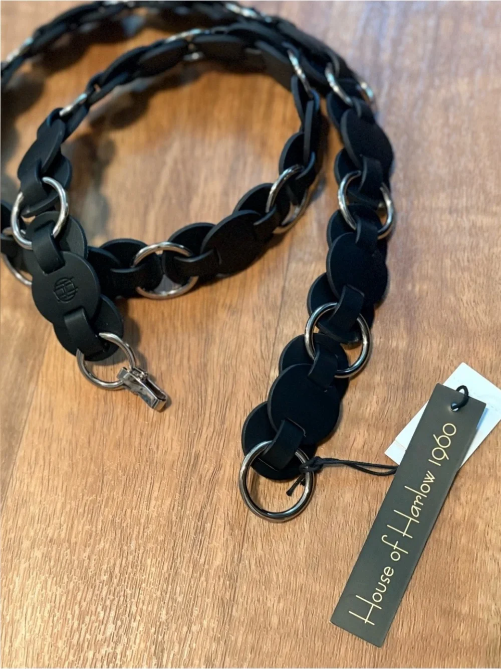 NWT House of Harlow 1960 Black Leather silver Disc Ring Link Belt Boho Size M/L